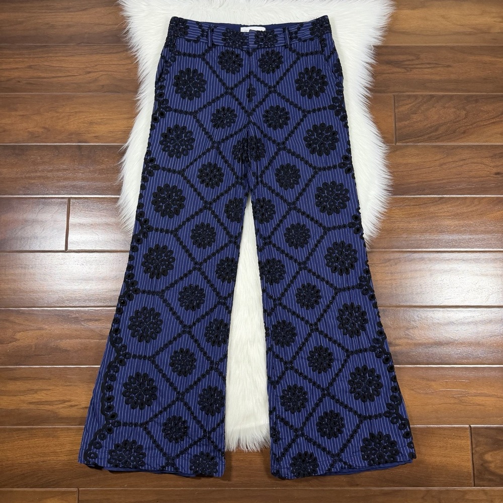 Ettitwa Anthropologie Size 6 Navy Blue Black Embroidered Pinstripe Eyelet Pants